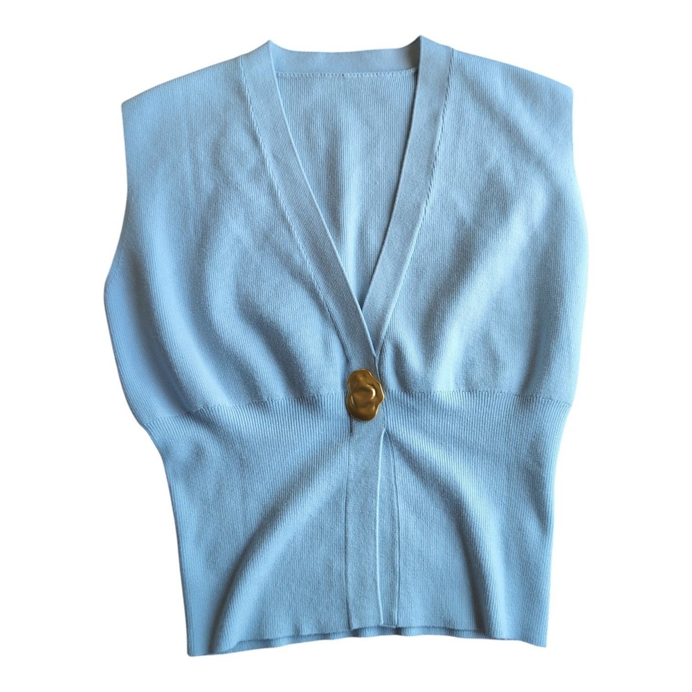 Commense Knit Vest Women Small Quiet Luxury Layer Light Blue Gold Button V-Neck